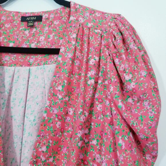 AFRM Ditsy Dana Bodysuit Puff Long Sleeves Plunging Neckline - Picture 7 of 11